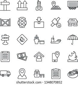 Thin Line Icon Set - signpost vector, navigation, store, satellite, cash, traffic light, office phone, mobile tracking, sea shipping, truck trailer, car delivery, port, container, clipboard, package