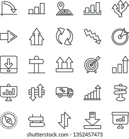 Thin Line Icon Set - signpost vector, right arrow, growth statistic, crisis graph, route, navigation, up side sign, sorting, update, data exchange, download, compass, bar, moving, target