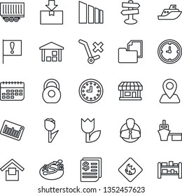 Thin Line Icon Set - signpost vector, navigation, important flag, store, client, sea shipping, truck trailer, clock, term, receipt, port, folder document, warehouse storage, no trolley, tulip, heavy