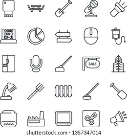 Thin Line Icon Set - signpost vector, abacus, mouse, job, shovel, farm fork, hoe, picnic table, dropper, microphone, tv, hdmi, torch, cut, office building, pie graph, desk lamp, sale, fridge