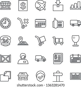Thin Line Icon Set - signpost vector, navigation, store, plane, office phone, 24 hours, support, car delivery, clock, term, receipt, container, folder document, fragile, cargo, no trolley, package