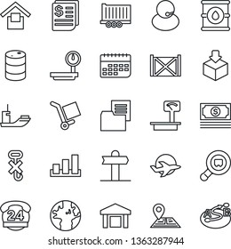 Thin Line Icon Set - signpost vector, navigation, earth, plane, cash, 24 hours, support, sea shipping, truck trailer, term, receipt, container, folder document, cargo, warehouse storage, no hook