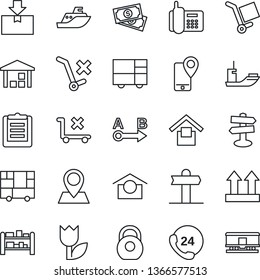 Thin Line Icon Set - signpost vector, pin, cash, office phone, 24 hours, mobile tracking, sea shipping, consolidated cargo, clipboard, warehouse storage, up side sign, no trolley, tulip, package