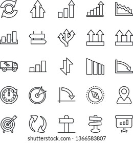 Thin Line Icon Set - signpost vector, growth statistic, crisis graph, route, navigation, up side sign, sorting, update, data exchange, compass, bar, moving, target, arrow, clock, presentation