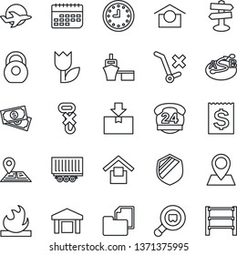 Thin Line Icon Set - signpost vector, navigation, pin, plane, cash, 24 hours, truck trailer, clock, term, receipt, sea port, folder document, warehouse storage, no trolley, hook, tulip, package
