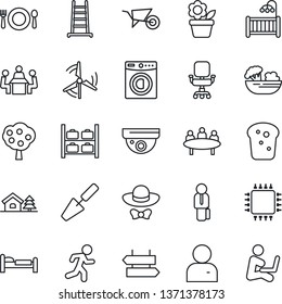 Thin Line Icon Set - signpost vector, bed, luggage storage, meeting, flower in pot, trowel, ladder, wheelbarrow, run, user, office chair, manager, house with tree, windmill, fruit, children room