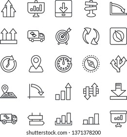 Thin Line Icon Set - signpost vector, growth statistic, crisis graph, route, navigation, up side sign, sorting, update, data exchange, download, compass, bar, moving, target, arrow, clock