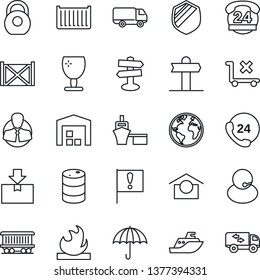 Thin Line Icon Set - signpost vector, earth, railroad, important flag, 24 hours, support, client, sea shipping, cargo container, car delivery, port, fragile, umbrella, warehouse storage, no trolley