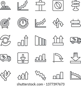 Thin Line Icon Set - signpost vector, growth statistic, crisis graph, route, navigation, up side sign, sorting, download, compass, update, bar, moving, target, arrow, clock