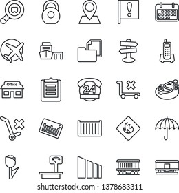 Thin Line Icon Set - signpost vector, pin, railroad, important flag, store, plane, office phone, 24 hours, cargo container, term, sea port, clipboard, folder document, umbrella, no trolley, tulip