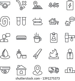 Thin Line Icon Set - signpost vector, baggage larry, saw, house, water drop, drip irrigation, blood test vial, navigation, pin, sea port, no trolley, flammable, speaker, coffee, with garage, moving