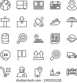 Thin Line Icon Set - signpost vector, navigation, earth, pin, important flag, plane, satellite, cash, 24 hours, support, mobile tracking, sea shipping, car delivery, term, receipt, umbrella, package