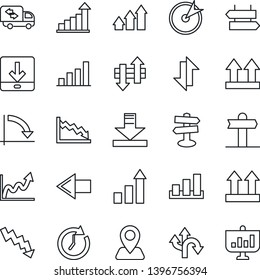 Thin Line Icon Set - signpost vector, left arrow, growth statistic, crisis graph, route, navigation, up side sign, sorting, data exchange, download, bar, moving, target, clock, presentation