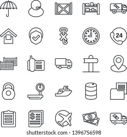 Thin Line Icon Set - signpost vector, pin, plane, cash, office phone, 24 hours, support, sea shipping, cargo container, car delivery, clock, receipt, clipboard, folder document, umbrella, no hook