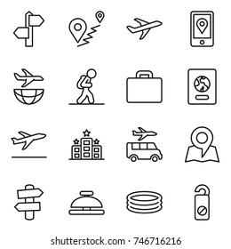 thin line icon set : signpost, route, plane, mobile location, shipping, tourist, suitcase, passport, departure, hotel, transfer, map, service bell, inflatable pool, do not distrub