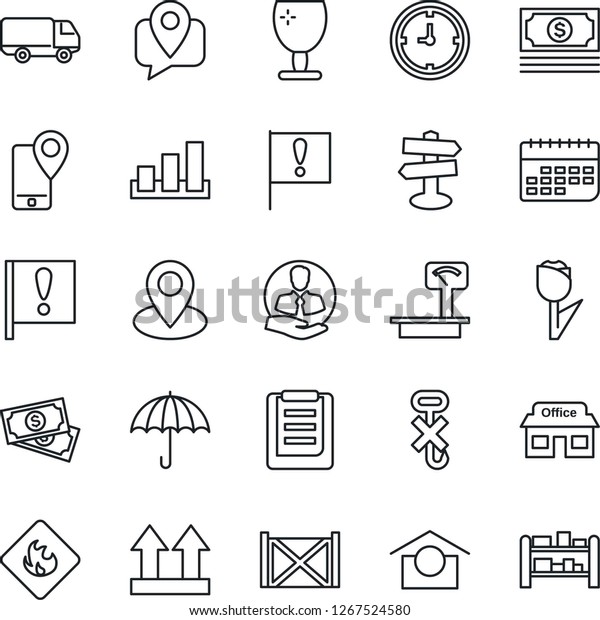 Thin Line Icon Set - signpost vector, pin, important
flag, store, cash, client, mobile tracking, car delivery, clock,
term, container, clipboard, fragile, umbrella, warehouse storage,
up side sign