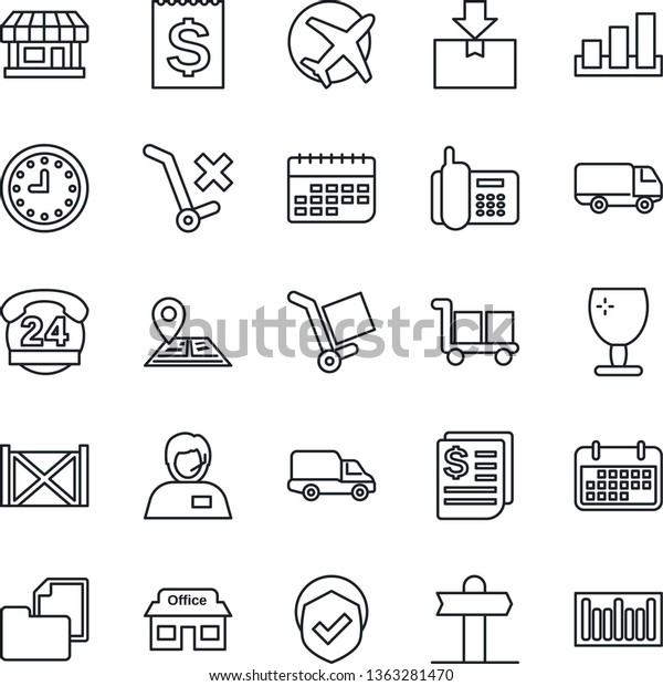 Thin Line Icon Set - signpost vector, navigation,\
store, plane, office phone, 24 hours, support, car delivery, clock,\
term, receipt, container, folder document, fragile, cargo, no\
trolley, package