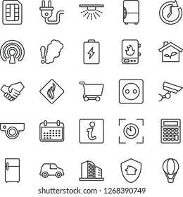 Thin Line Icon Set - sim vector, eco house, socket, power plug, water heater, wireless, web camera, smoke detector, eye scan, home protect, fridge, information, surveillance, battery, sprinkler, car