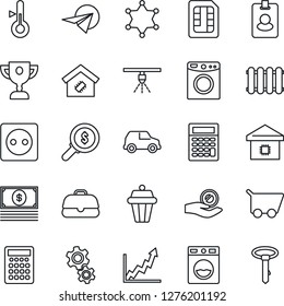 Thin Line Icon Set - sim vector, smart home, socket, gear, washer, thermometer, radiator, outdoor lamp, police, pass card, sprinkler, growth graph, money search, investment, cart, cash, case, car