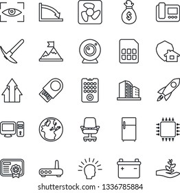 Thin Line Icon Set - sim vector, chip, fan, remote control, router, web camera, intercome, pc, eye scan, home protect, fridge, usb flash, battery, arrow up graph, shining head, motivation, rocket