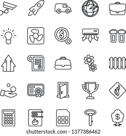 Thin Line Icon Set - sim vector, fan, water heater, air conditioner, gear, filter, smoke detector, radiator, door, surveillance, arrow up graph, rocket, earth, money search, investment, idea, case