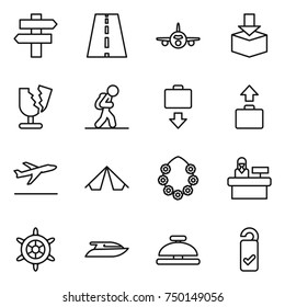 thin line icon set : singlepost, road, plane, package, broken, tourist, baggage get, departure, tent, hawaiian wreath, reception, handwheel, yacht, service bell, please clean