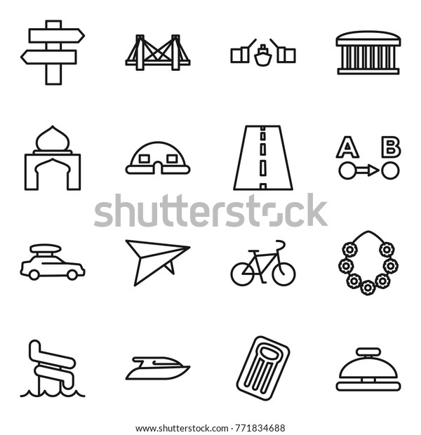 Thin line icon set : singlepost, bridge,
drawbridge, airport building, minaret, dome house, road, route a to
b, car baggage, deltaplane, bike, hawaiian wreath, aquapark, yacht,
inflatable mattress