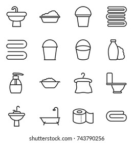 thin line icon set : sink, washing, bucket, towels, towel, shampoo, liquid soap, foam basin, hanger, toilet, water tap, bath, paper