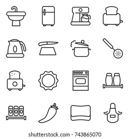 thin line icon set : sink, fridge, coffee maker, toaster, kettle, cutting board, steam pan, skimmer, induction oven, salt pepper, spices, hot, sponge, apron