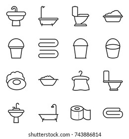 thin line icon set : sink, bath, toilet, washing, bucket, towel, soap, foam basin, hanger, water tap, paper