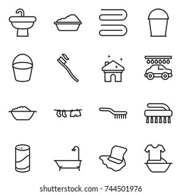 thin line icon set : sink, washing, towel, bucket, tooth brush, house cleaning, car wash, foam basin, drying clothe, cleanser powder, bath, floor, handle