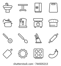 thin line icon set : sink, table, fridge, cutting board, steam pan, kettle, kitchen scales, chief hat, skimmer, big spoon, knife holder, rolling pin, induction oven, hob, eggplant