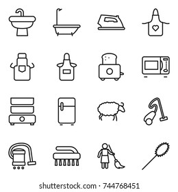 thin line icon set : sink, bath, iron, apron, toaster, microwave oven, double boiler, fridge, sheep, vacuum cleaner, brush, brooming, duster
