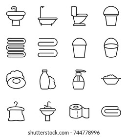 thin line icon set : sink, bath, toilet, bucket, towels, towel, soap, shampoo, liquid, foam basin, hanger, water tap, paper