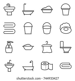 thin line icon set : sink, bath, washing, bucket, towel, soap, liquid, foam basin, hanger, toilet, water tap, paper