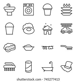 thin line icon set : sink, washing machine, bucket, plate, soap, house cleaning, car wash, sponge with foam, basin, drying clothe, brush, cleanser powder, bath, floor