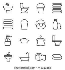 thin line icon set : sink, toilet, bucket, towels, towel, soap, shampoo, liquid, foam basin, hanger, water tap, bath, paper