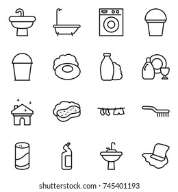 thin line icon set : sink, bath, washing machine, bucket, soap, shampoo, dish cleanser, house cleaning, sponge with foam, drying clothe, brush, powder, toilet, water tap, floor