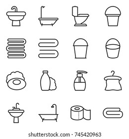 thin line icon set : sink, bath, toilet, bucket, towels, towel, soap, shampoo, liquid, hanger, water tap, paper
