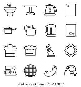 thin line icon set : sink, table, kettle, cutting board, saute pan, steam, kitchen scales, cook hat, chief, knife holder, induction oven, coffee maker, sieve, eggplant, dish cleanser