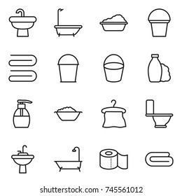 thin line icon set : sink, bath, washing, bucket, towel, shampoo, liquid soap, foam basin, hanger, toilet, water tap, paper