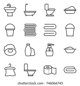 thin line icon set : sink, bath, toilet, washing, bucket, towels, towel, soap, shampoo, liquid, foam basin, hanger, paper