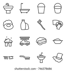 thin line icon set : sink, bath, bucket, soap, shampoo, tooth brush, wiping, house cleaning, car wash, sponge with foam, basin, drying clothe, water tap, floor washing