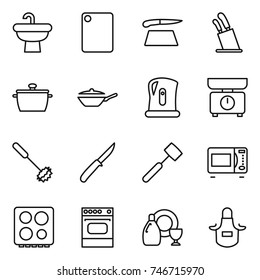 thin line icon set : sink, cutting board, stands for knives, pan, kettle, kitchen scales, whisk, knife, meat hammer, microwave oven, hob, dish cleanser, apron