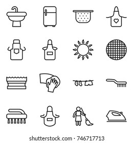 thin line icon set : sink, fridge, colander, apron, gas oven, sieve, sponge, wiping, drying clothe, brush, brooming, iron thin line icon set : sink, fridge, colander, apron, gas oven, sieve, sponge, wiping, drying clothe, brush, brooming, iron