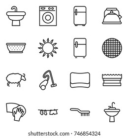 thin line icon set : sink, washing machine, fridge, kettle, colander, gas oven, sieve, sheep, vacuum cleaner, sponge, wiping, drying clothe, brush, water tap
