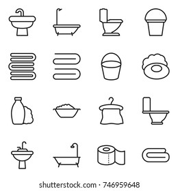 thin line icon set : sink, bath, toilet, bucket, towels, towel, soap, shampoo, foam basin, hanger, water tap, paper