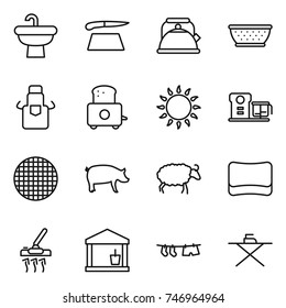 thin line icon set : sink, cutting board, kettle, colander, apron, toaster, gas oven, food processor, sieve, pig, sheep, sponge, vacuum cleaner, utility room, drying clothe, iron