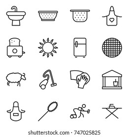 thin line icon set : sink, colander, apron, toaster, gas oven, fridge, sieve, sheep, vacuum cleaner, wiping, utility room, duster, iron board