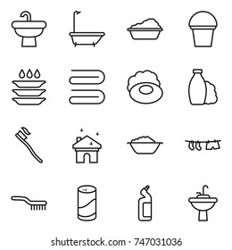 thin line icon set : sink, bath, washing, bucket, plate, towel, soap, shampoo, tooth brush, house cleaning, foam basin, drying clothe, cleanser powder, toilet, water tap